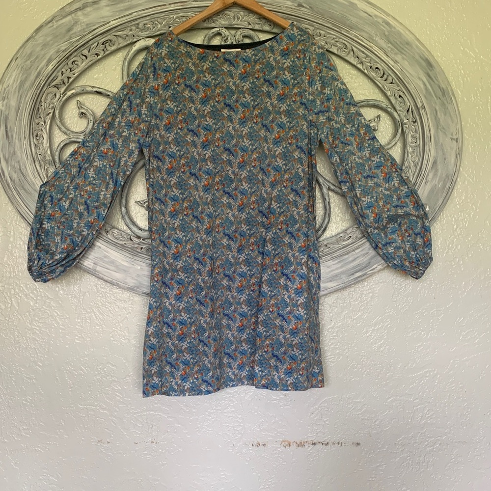 ANN MASHBURN Blue and Orange Patterned Long Sleeve Dress